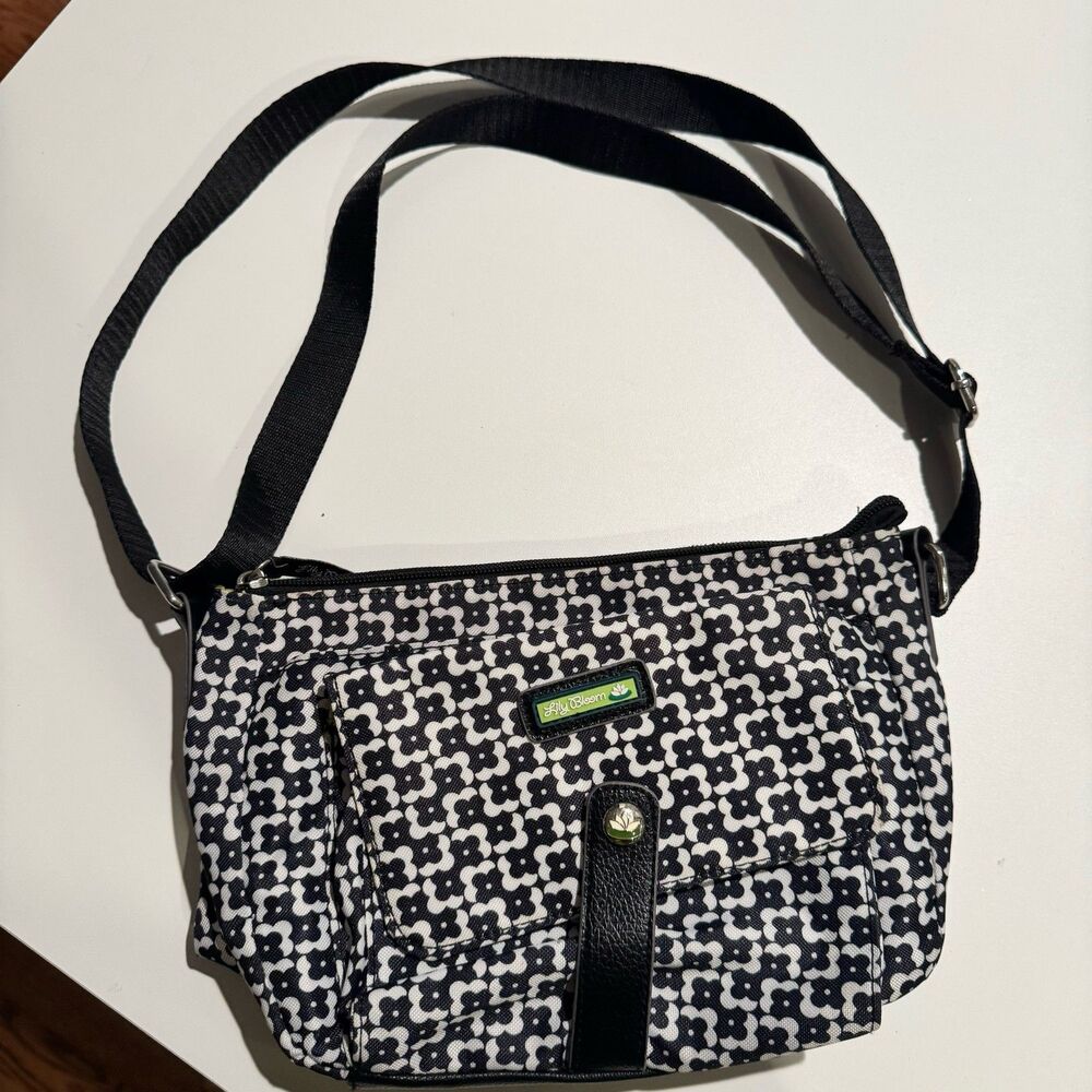 Lily Bloom Crossbody Bag Black White Floral Print Adjustable Strap